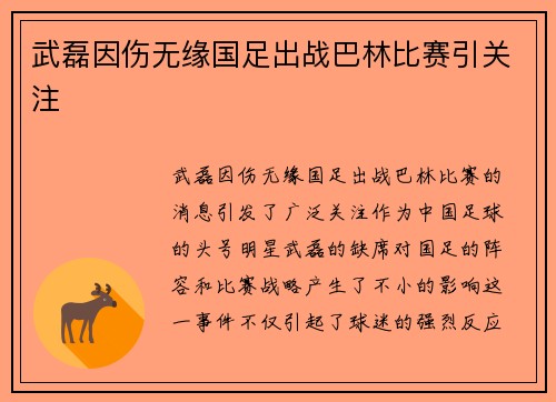 武磊因伤无缘国足出战巴林比赛引关注 武磊因伤无缘国足出战巴林比赛引关注