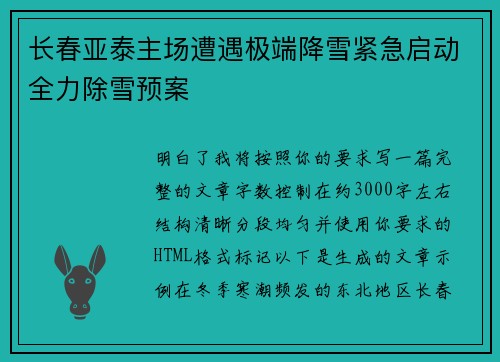 长春亚泰主场遭遇极端降雪紧急启动全力除雪预案 长春亚泰主场遭遇极端降雪紧急启动全力除雪预案